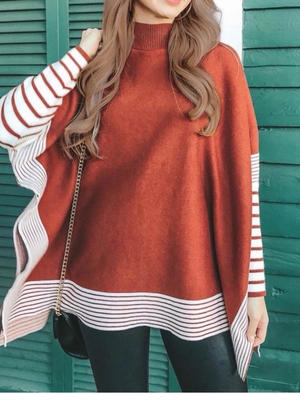 Chicwish Rust Poncho Sweater with Cream Stripe Trim